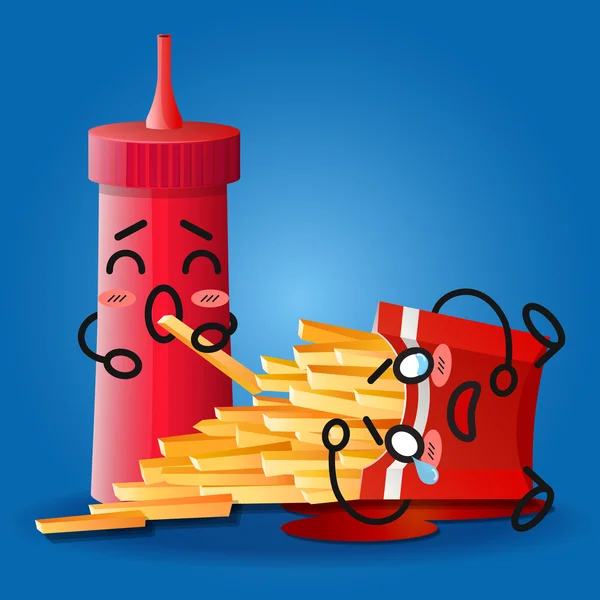 Ketchup e cartone animato piangendo su scatola di patate fritte — Vettoriale Stock