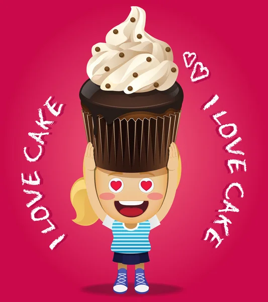 Happy woman carrying big chocolate cupcake — Stock Vector