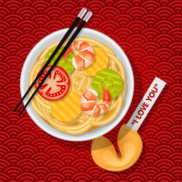 Bowl of fried noodles with chopsticks and fortune cookie — Stock Vector