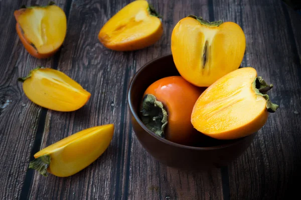 Fresh Organic Ripe Persimmons Fruits Wooden Background — Stock Photo, Image