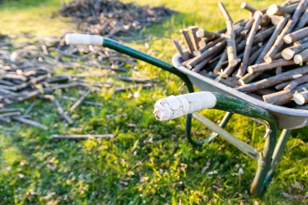 Taczki metalowe z świeże drewno w ogrodzie, koncentrują się na gr Zdjęcia Stockowe bez tantiem