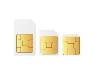 Sim kart çipini beyaz arkaplanda ayarla. Standart, nano ve mikro simülasyon