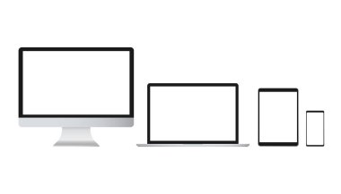 Laptop izole edilmiş vektör. Gadget illüstrasyon vektörü. Modern bilgisayar, dizüstü bilgisayar, beyaz arkaplan vektörü üzerinde akıllı telefon