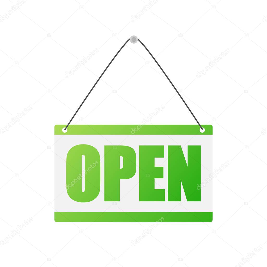 Vector open door sign. Label with text in flat style. Vector illustration