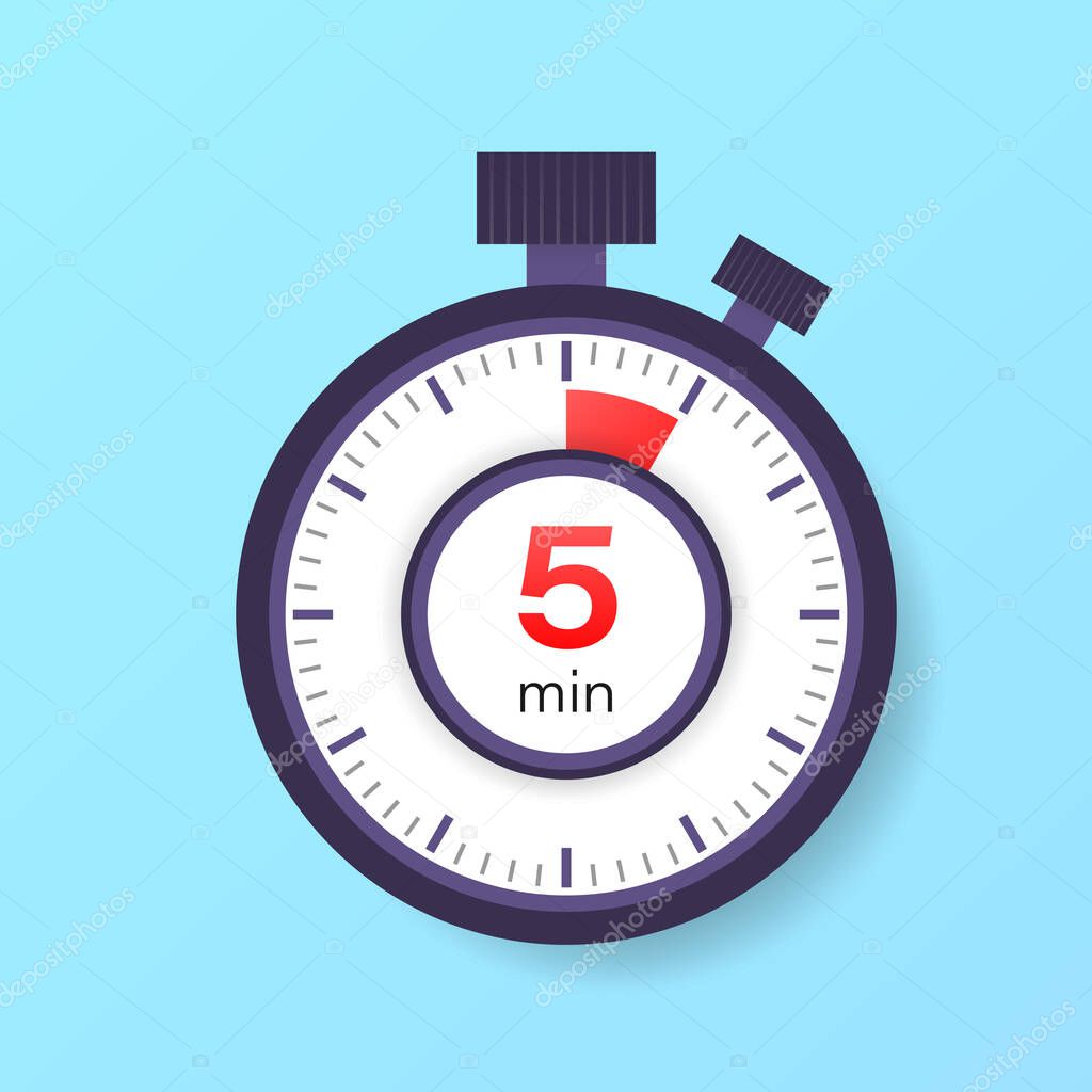 The 5 minutes timer. Stopwatch icon in flat style