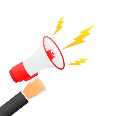 El ele tutuşan megafon. Motivasyon posteri, afiş, şablon. Düz tasarım Vektör İllüstrasyonu. Renkli dikkat çekme grafiği