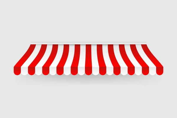 Kırmızı ve beyaz güneş kremi. Kafe ve vitrin tenteleri izole edilmiş vektör seti. Pazar için çadır, resimleme için şerit yaz deniz tarağı.