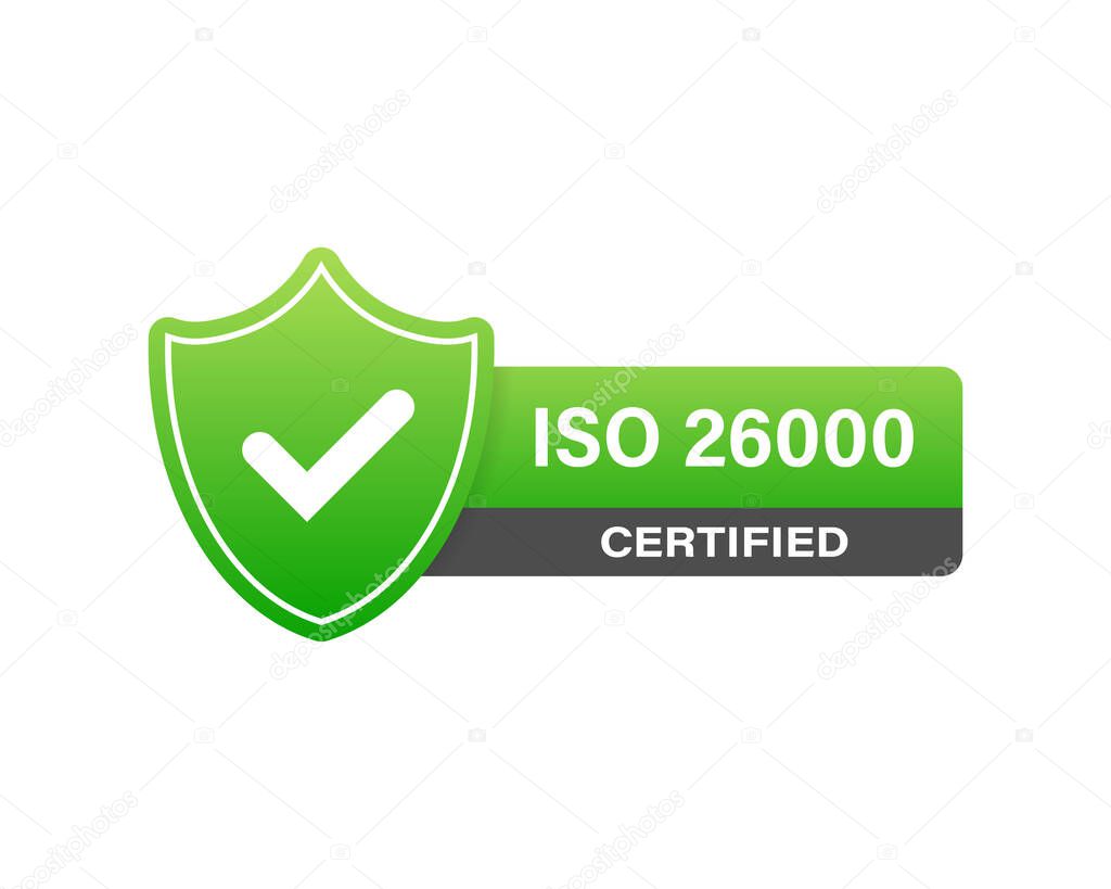 ISO 26000 Certified badge, icon. Certification stamp. Flat design vector. Vector stock illustration.