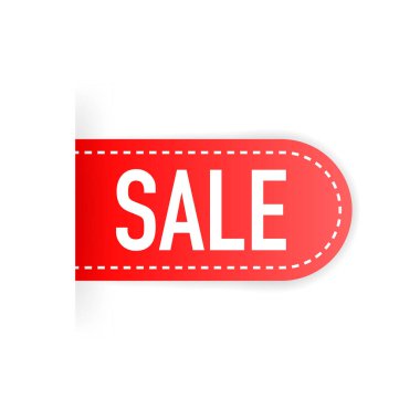 Kırmızı kurdele, afiş, reklam, vektör illüstrasyonunda 'indirim' metni