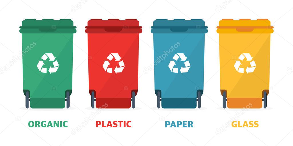 Different colored recycle waste bins vector illustration, Waste types segregation recycling
