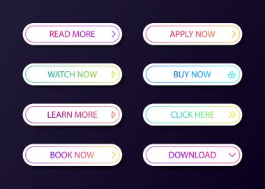 Farklı renkler ve gölgeli beyaz formlardaki simgeler. Modern vektör biçim düğmeleri kümesi