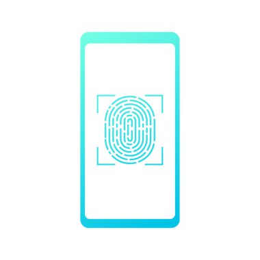 Kimliğe dokun - vektör çizimi. Beyaz arka planda izole edilmiş parmak izi olan akıllı telefon.