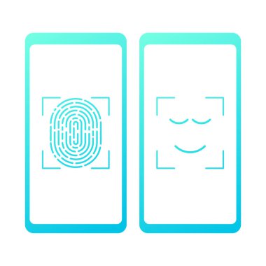 Kimliğe dokun - vektör çizimi. Beyaz arka planda izole edilmiş parmak izi olan akıllı telefon.