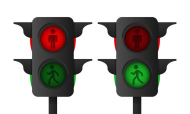 Beyaz arka planda 3D gerçekçi yaya trafik ışığı. Vektör illüstrasyonu