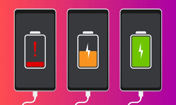 Smartphone Batterie Déchargée Complètement Chargée Infographie Vectorielle Isolé Sur Fond — Image vectorielle