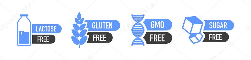 Flat icon with lactose gluten gmo sugar free. Organic signs. Vector illustration