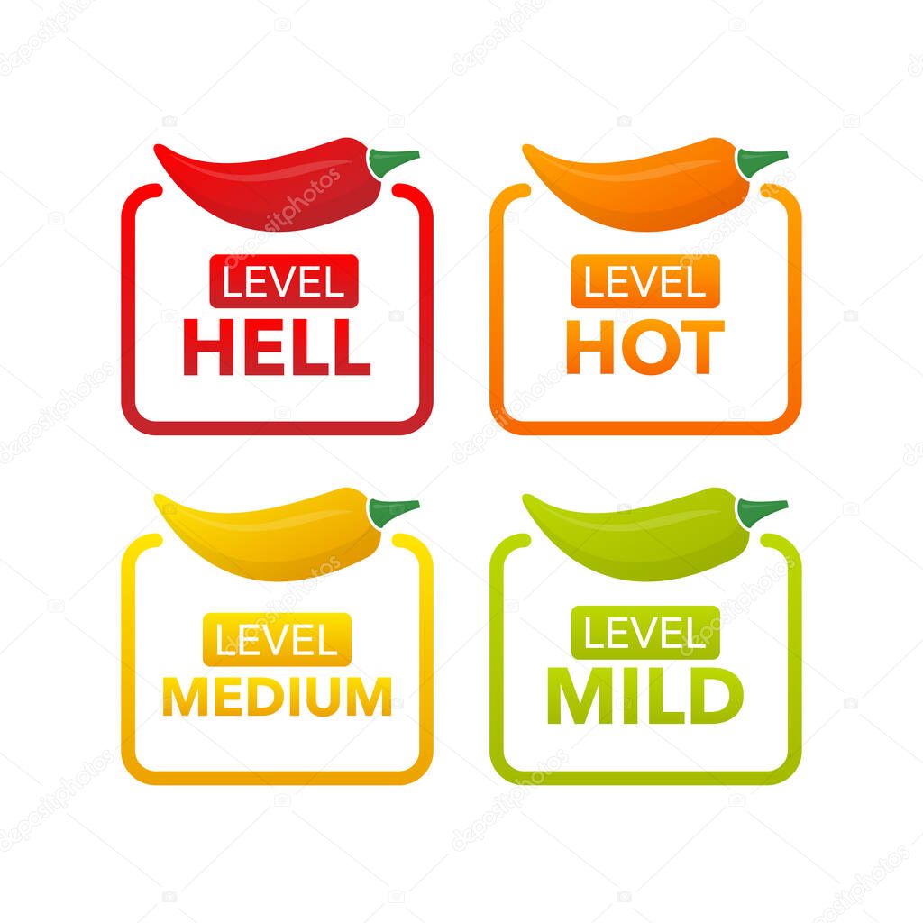 Hot pepper strength scale indicator with mild, medium, hot and hell positions. Chilli level. Vector illustration