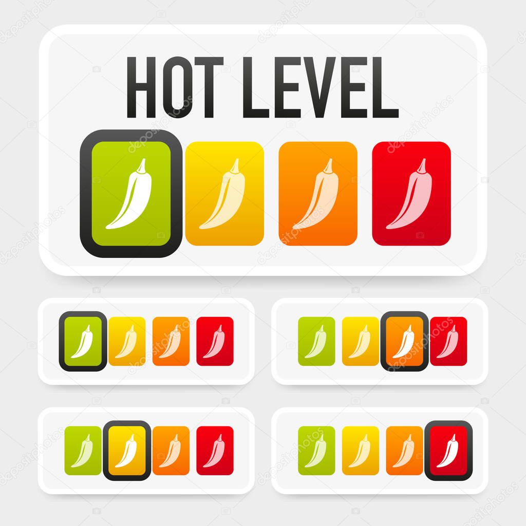 Hot pepper strength scale indicator with mild, medium, hot and hell positions. Chilli level. Vector illustration