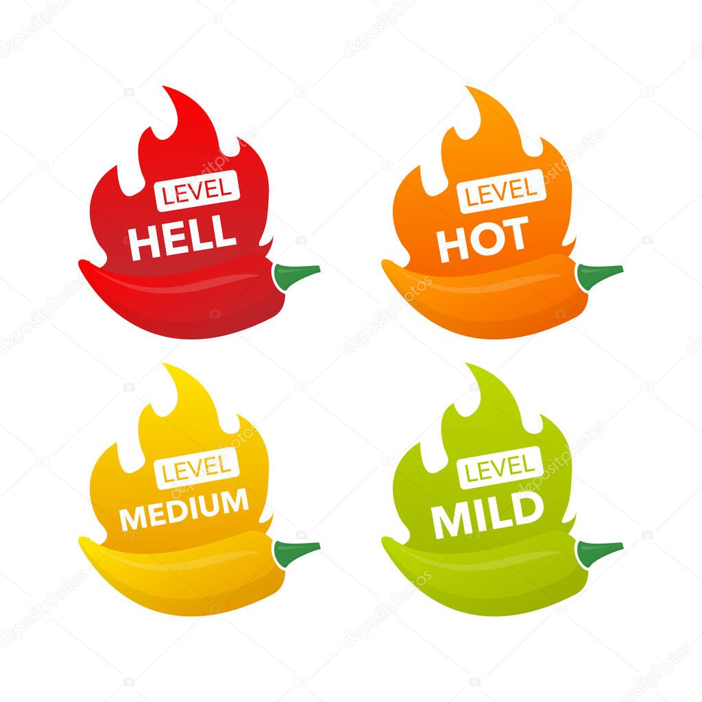 Hot pepper strength scale indicator with mild, medium, hot and hell positions. Chilli level. Vector illustration