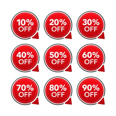 Promosyon tasarımı için kırmızı indirimli düz rozetli modaya uygun bir daire reklamı. Poster rozeti. İş tasarımı. Vektör illüstrasyonu
