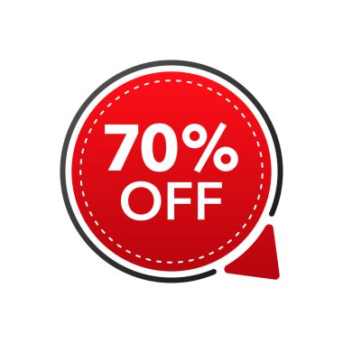 Promosyon tasarımı için kırmızı indirimli düz rozetli modaya uygun bir daire reklamı. Poster rozeti. İş tasarımı. Vektör illüstrasyonu