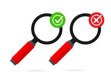 Büyüteç, kene ve haç simgeleri. Test konsepti. Bir cevap ara. Evet ve hiçbir iz yok. Dos and Donts. Vektör illüstrasyonu
