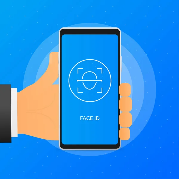 Main Tient Téléphone Avec Identification Visage Balayage Pour Débloquer Écran — Image vectorielle