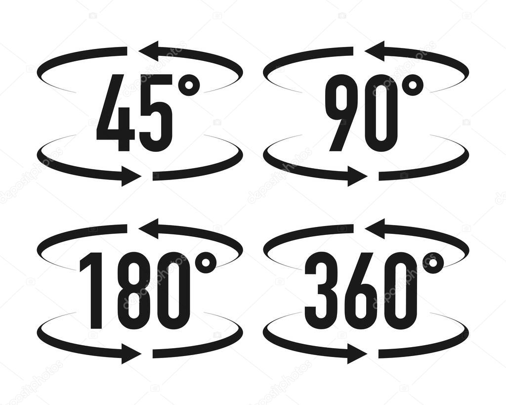 Signs with arrows to indicate the rotation or panoramas to 45, 90, 180 and 360 degrees. Vector illustration