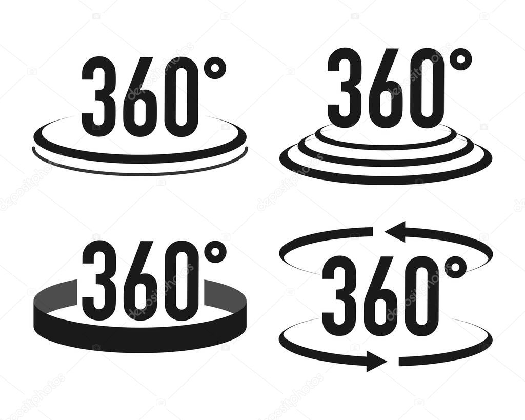 Signs with arrows to indicate the rotation or panoramas to 360 degrees. Vector illustration