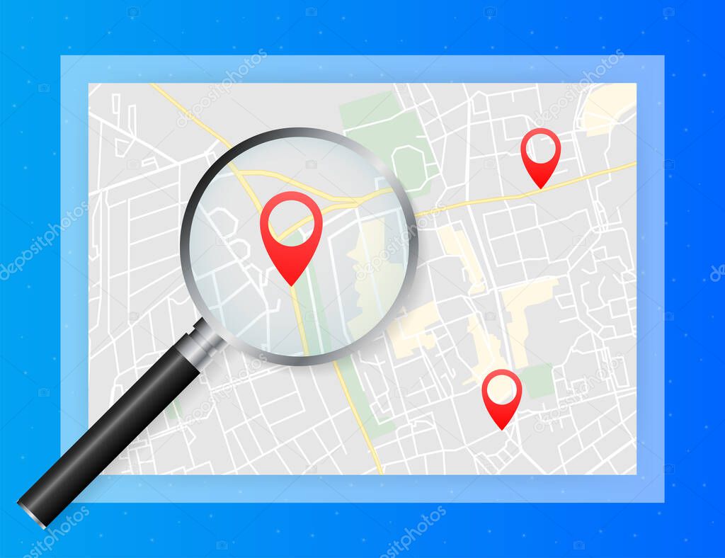 Geo map and zoom lens. City map on color background. Vector illustration