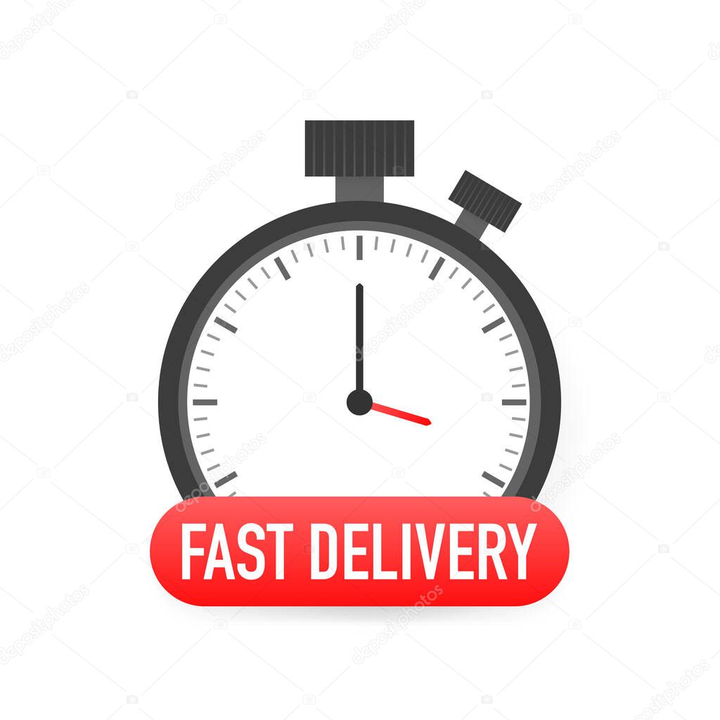 Express delivery service badge. Fast time delivery order with stopwatch on white background. Vector illustration