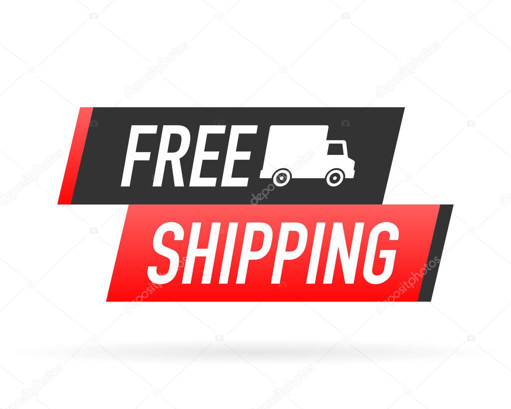 Free shipping service badge. Free delivery order with car on white background. Vector illustration