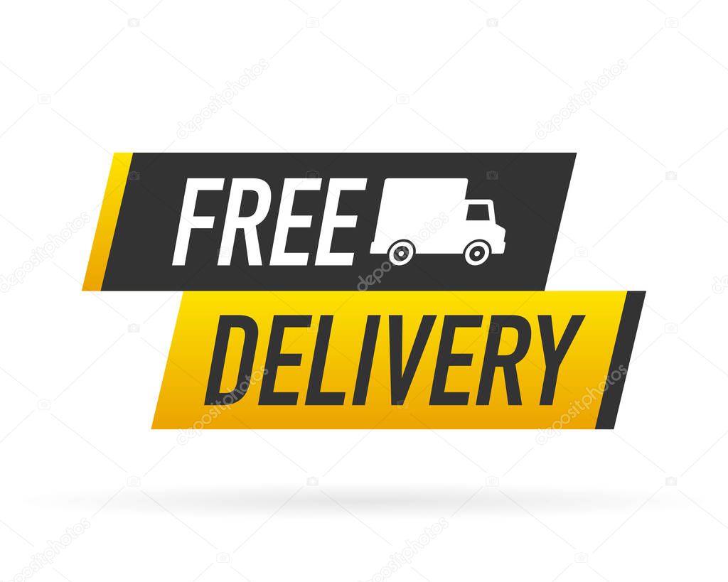 Free delivery service badge. Free delivery order with car on white background. Vector illustration