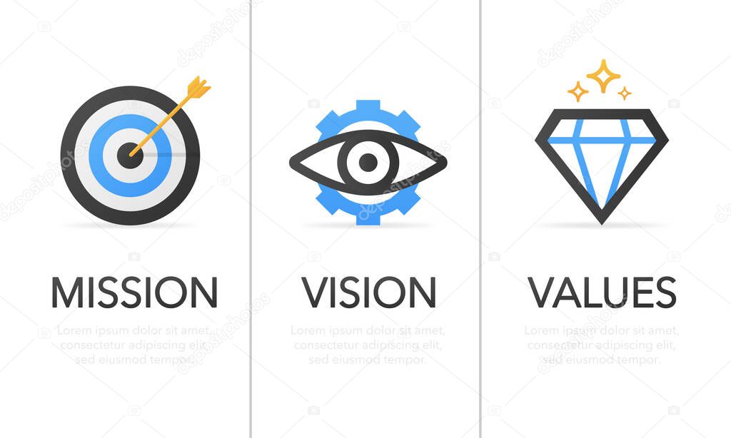 Mission. Vision. Values. Modern flat design concept. Vector icon on white background. Vector illustration