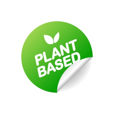 Bitki bazlı. Gerçekçi yeşil rozet. Ürün reklamı. Vektör illüstrasyonu