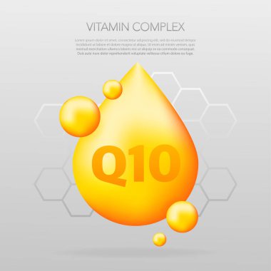 Vitamin kompleksi Q10, gri arka planda gerçekçi bir düşüş. Vitamin parçacıkları ortada. Vektör illüstrasyonu.
