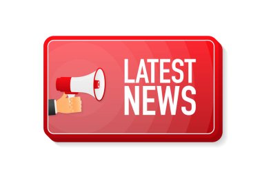 Son haberler kırmızı afiş. Beyaz arka planda 3 boyutlu. Hoparlörden el ele tutuşun. Vektör illüstrasyonu.