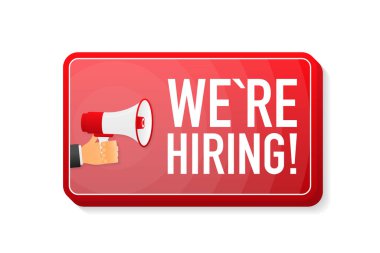 Beyaz arka planda 3 boyutlu kırmızı afiş kiralıyorduk. Hoparlörden el ele tutuşun. Vektör illüstrasyonu.