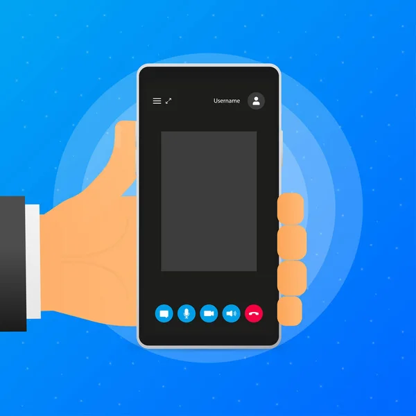 Käsi Pitää Puhelinta Jossa Videopuhelu Näytöllä Puhelin Sinisellä Taustalla Vektoriesimerkki — vektorikuva