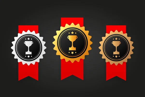 Three Rewards Winner Silver Gold Bronze Rubber Badge Red Ribbon — Stock Vector