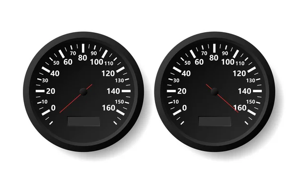 Two Realistic Speedometers Different Arrow Positions White Background Vector Illustration — Stock Vector