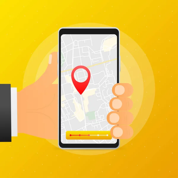 Ręka Trzyma Telefon Mapą Punktami Żółtym Tle Aplikacja Dostawcza Ilustracja — Wektor stockowy