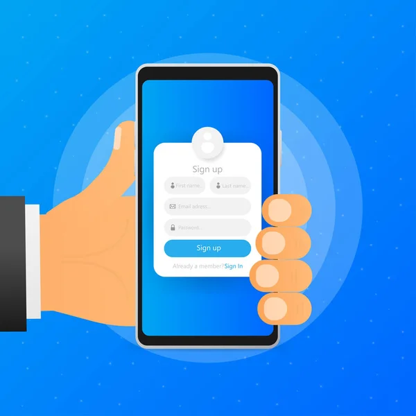 Hand Hält Telefon Mit Anmeldeformular Fenster Auf Dem Bildschirm Auf — Stockvektor