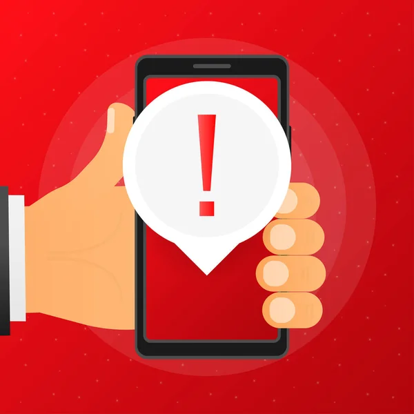 Main Tient Téléphone Avec Signe Danger Écran Sur Fond Rouge — Image vectorielle