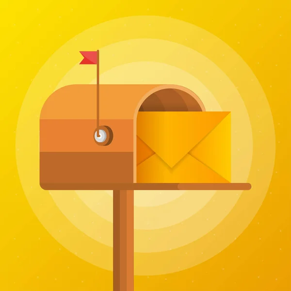 Poštovní schránka s písmenem uvnitř v plochém stylu na žlutém pozadí. Vektorová ilustrace. — Stockový vektor