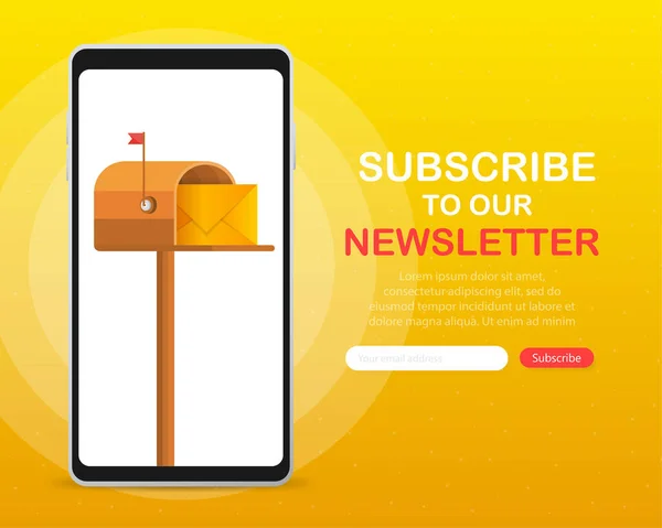 Caixa de correio com uma letra dentro em um estilo plano no dispositivo de tela em um fundo amarelo. Subscreva a nossa newsletter. Ilustração vetorial. — Vetor de Stock
