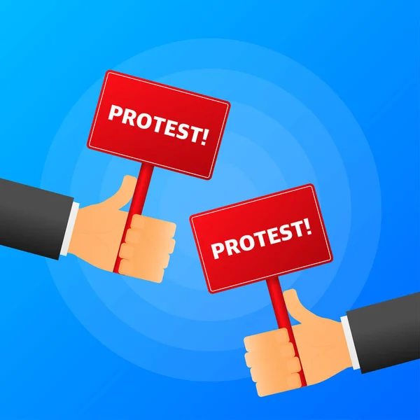 La mano sostiene una mesa roja realista de Protesta sobre fondo azul. Ilustración vectorial. — Vector de stock