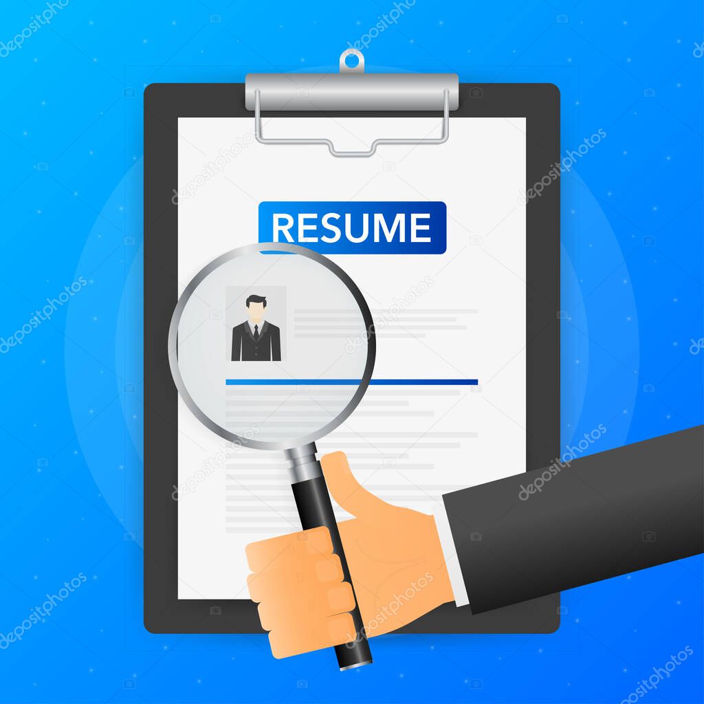 Hand holds magnifying glass over tablet with resume on blue background. Vector illustration.