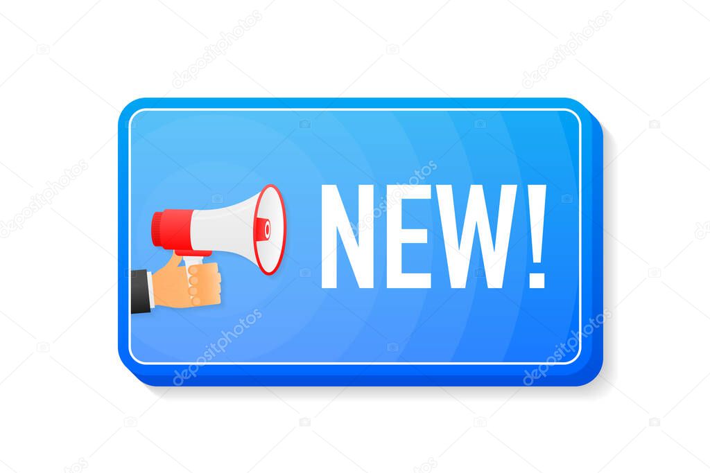 New megaphone blue banner in 3D style on white background. Hand holds loudspeacker. Vector illustration