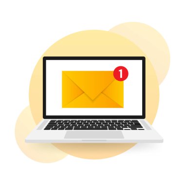 Dizüstü bilgisayardaki yeni mesaj simgesi. Akıllı telefon, cep telefonu, laptop. Düz stilde yeni bir nesne. Vektör illüstrasyonu.